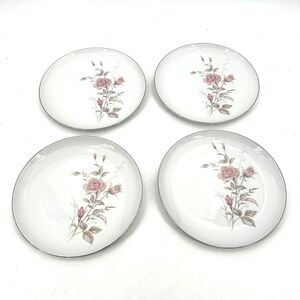 FINE CHINA JAPAN Set Of 4 Vintage Laura Dinner Plate Floral Platinum Trim 10.25"